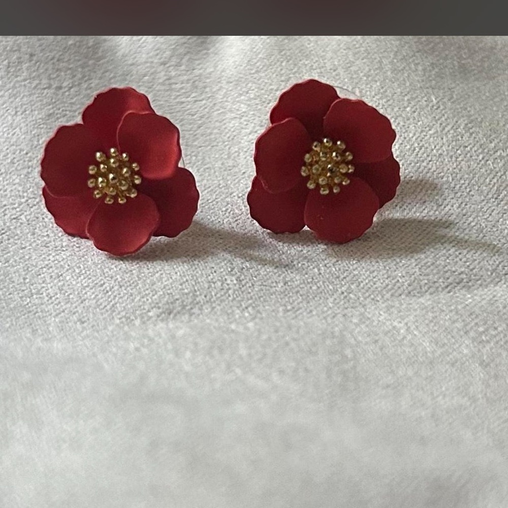 Anthropologie Red Flower Stud Earrings with Gold Centers